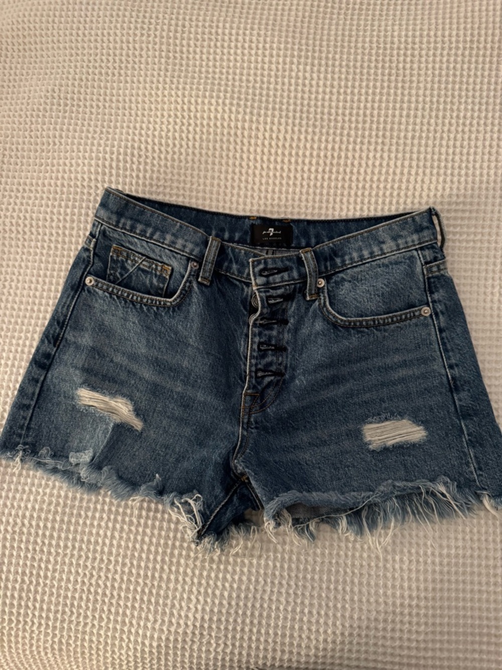 7 For All Mankind Distressed Medium Wash Denim Shorts